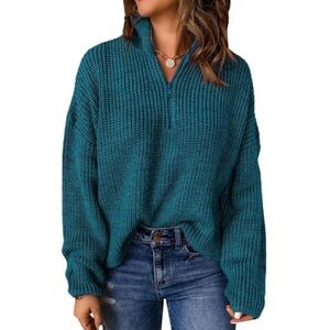 Teal Sweater quarter zip varley lovers and friends stitches stripes eaves lunya